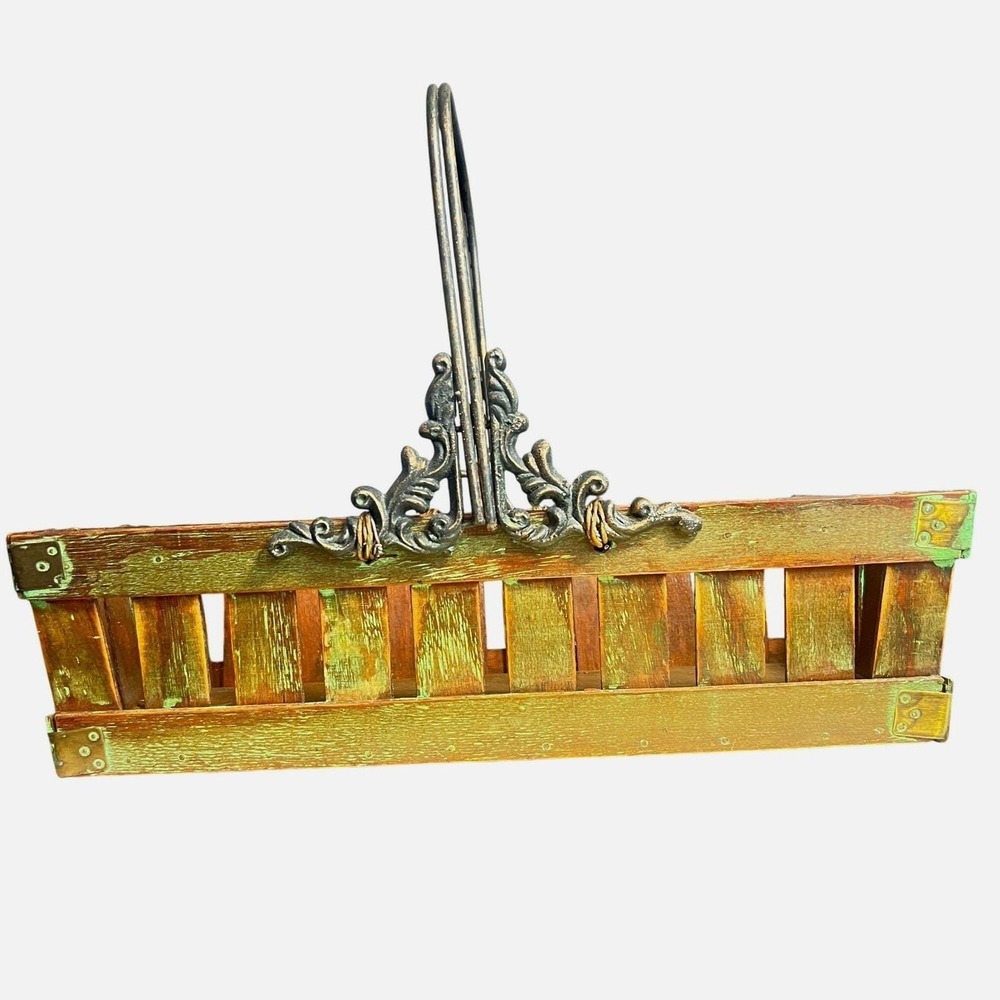 Rustic Wooden‎ Slat Basket Wrought Iron Handle Brass Corners FarmhouseCore Cabin